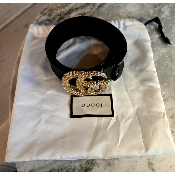 Gucci Black Leather Belt With Double G Marmont Snakeskin Gold Buckle & Box Size - Picture 9 of 10